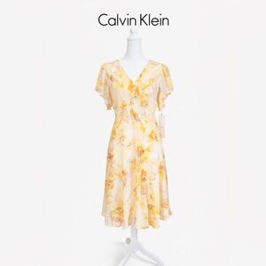 Calvin Klein Yellow and Pink Floral Midi Dress NWT